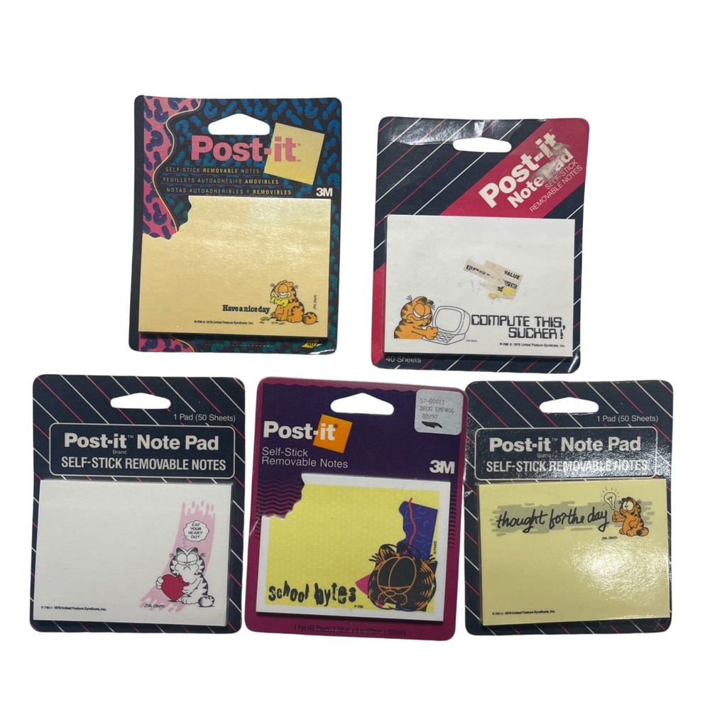 Vintage‎ Garfield Post-it Note Pad Set 5 Packs 3M Jim Davis Retro 80s 90s New